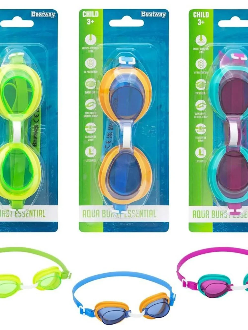 PACK OF 3 BRAND NEW BESTWAY CHILD 3+ AQUA BURST ESSENTIAL GOGGLES